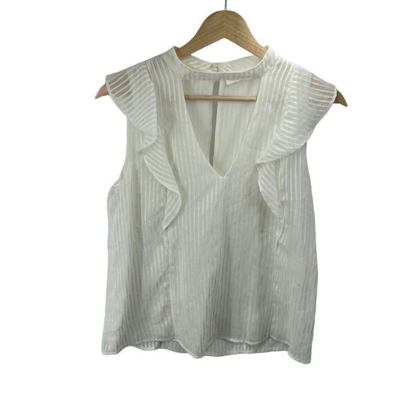 ASTR Women Casual Blouse Ruffled Blouse Deep Neckline Pinstripes White Size Medi - Picture 1 of 13